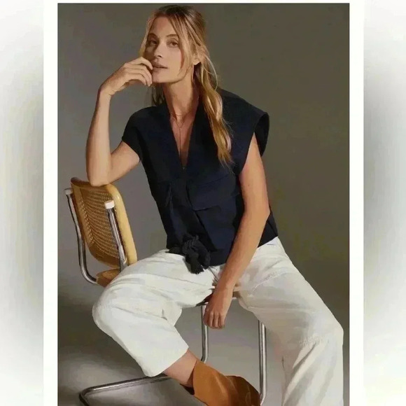 By ANTHROPOLOGIE Maeve Cropped Sweater Vest Boxy  Academia Utility Navy Rope OS - Picture 4 of 12